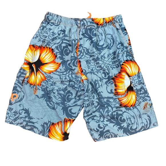 OP Swim Trunks Hibiscus Size Small Gray Orange - Picture 2 of 7